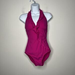 Assets By Spanx One Piece Swimsuit Womens Small Pink Ruffle Slimming